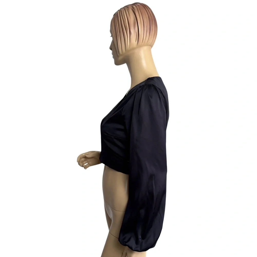 Abercrombie & Fitch Black Satin Wrap Tie Back Puff Sleeve Crop Top Size Small